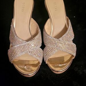 GUESS Gold Rhinestone Cross Strap Heels